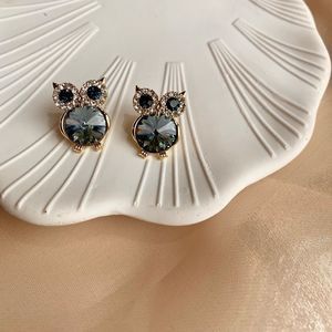 Blue Grey Crystal Owl Gold Earrings